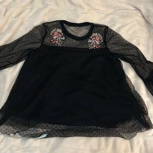 Black Sheer Women's Top with Embroidered Detail and Swiss Dots